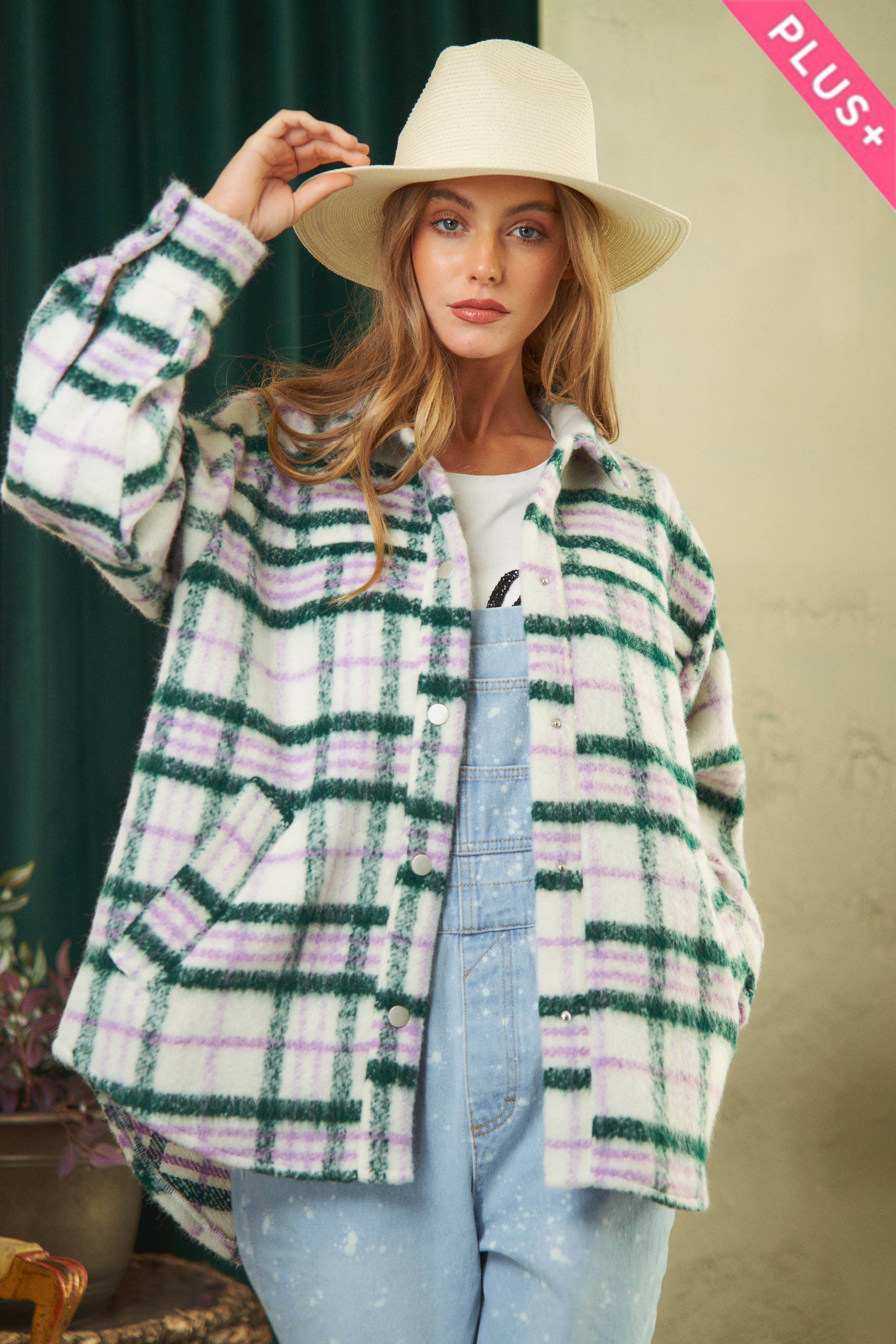 Davi & Dani - Wholesale Jacket - Women's - PLUS PLAID BUTTON DOWN JACKET8