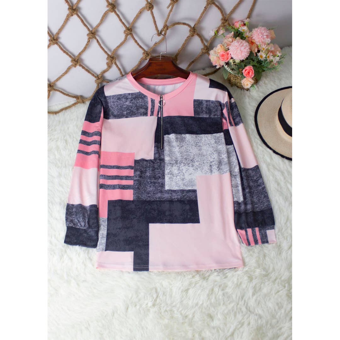 UNISHE - Wholesale Blouse - Women's - Round Neck Casual Polo Geometric Print V-Neck Top ZK36531