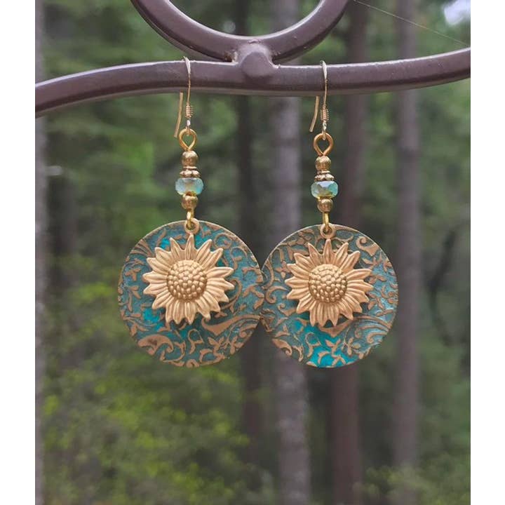 Color separation double layer sunflower retro earrings for wholesale on Faire