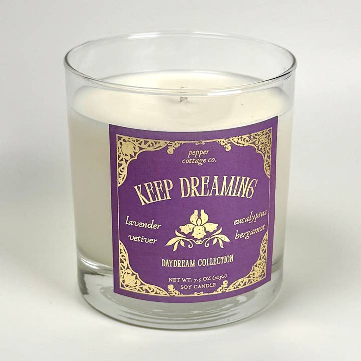 Keep Dreaming 7.5 oz Soy Spring Candle | Lavender, Vetiver, Eucalyptus, Bergamot | Daydream Collection Spring Lavender Candle for wholesale by Pepper Cottage Co. Candles