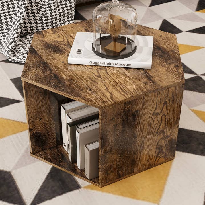 23.62'' Hexagonal Coffee Table Side Table Nightstand Antique Wood Antique Brown Mdf for wholesale by Orange County Decor