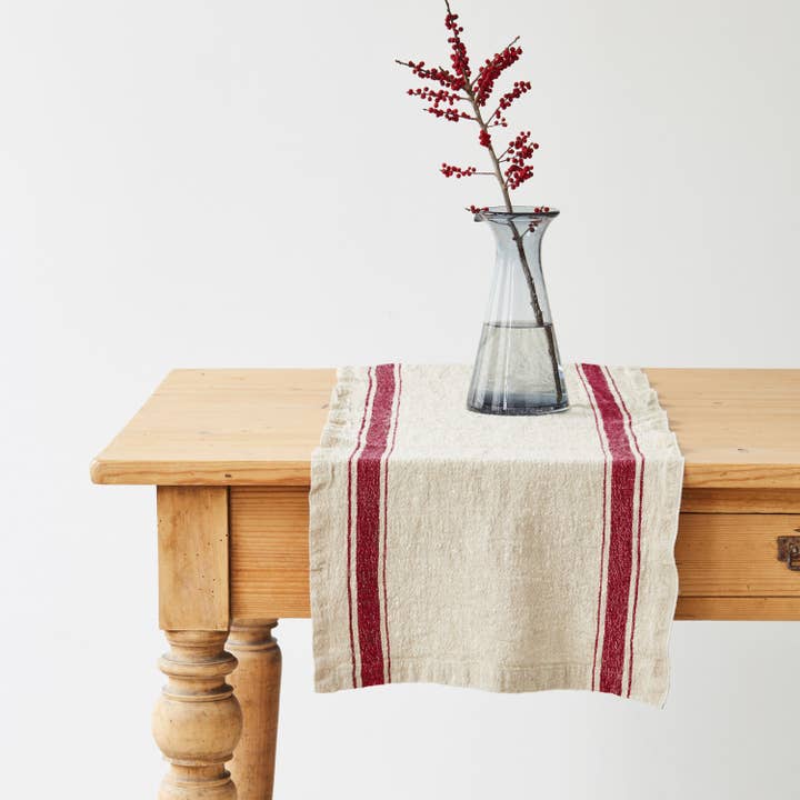 Red Stripe Vintage Linen Table Runner for wholesale by Linen Tales (We cover U.S. import duties)