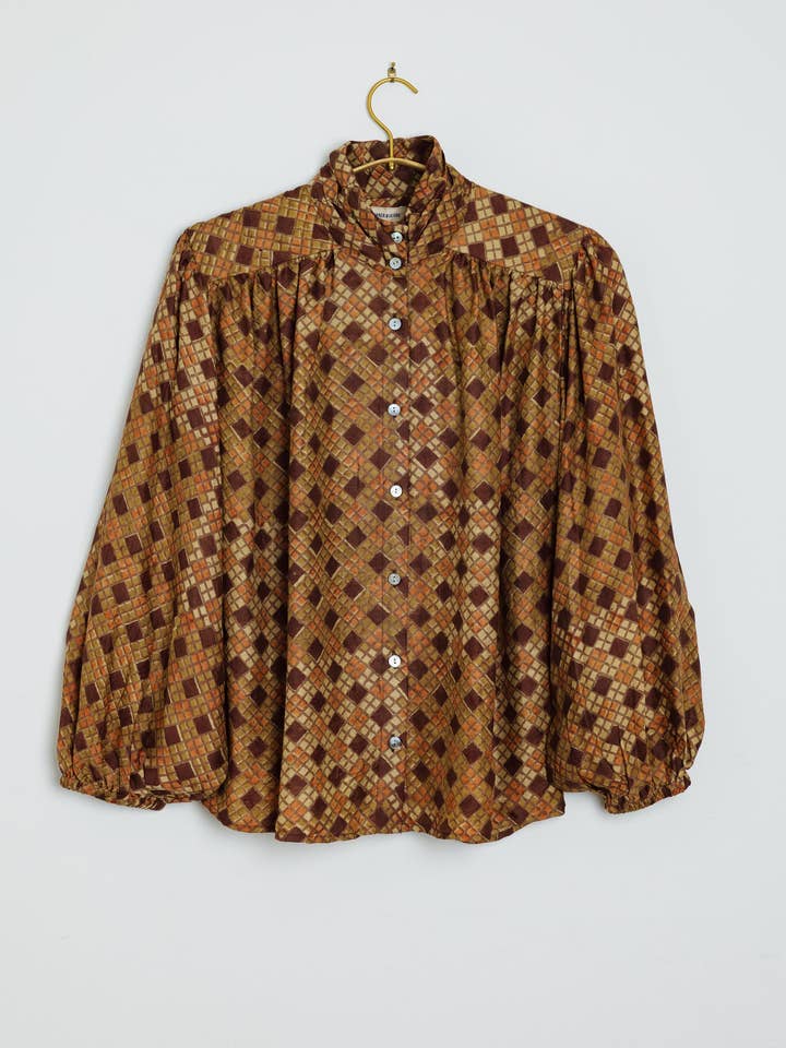 Sabrina Top Silk in Tile Brown Print for wholesale by Umber and Ochre