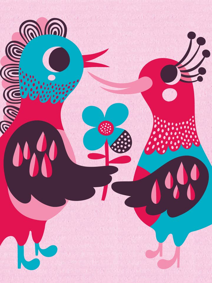 Helen Dardik LOVE BIRDS on Pastel Pink Swedish Dishcloth for wholesale by Trendy Tripper