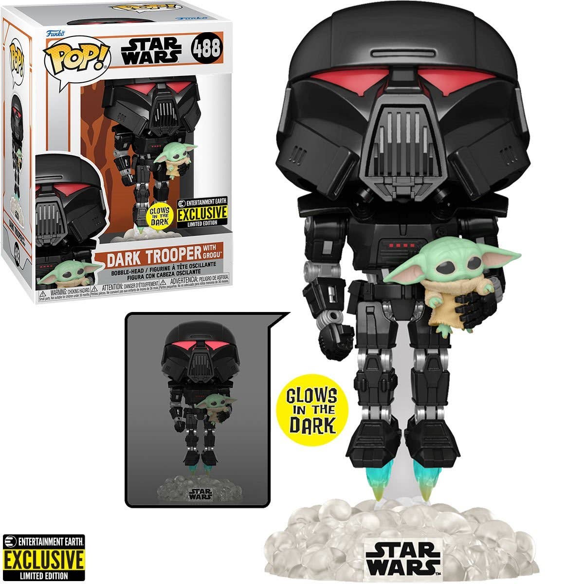 Fundom - Vente Figurine – enfant - Funko Pop! Star Wars : The Mandalorian Dark Trooper avec Grogu Glow-in-the-Dark Figurine en Vinyle Exclusive Entertainment Earth3