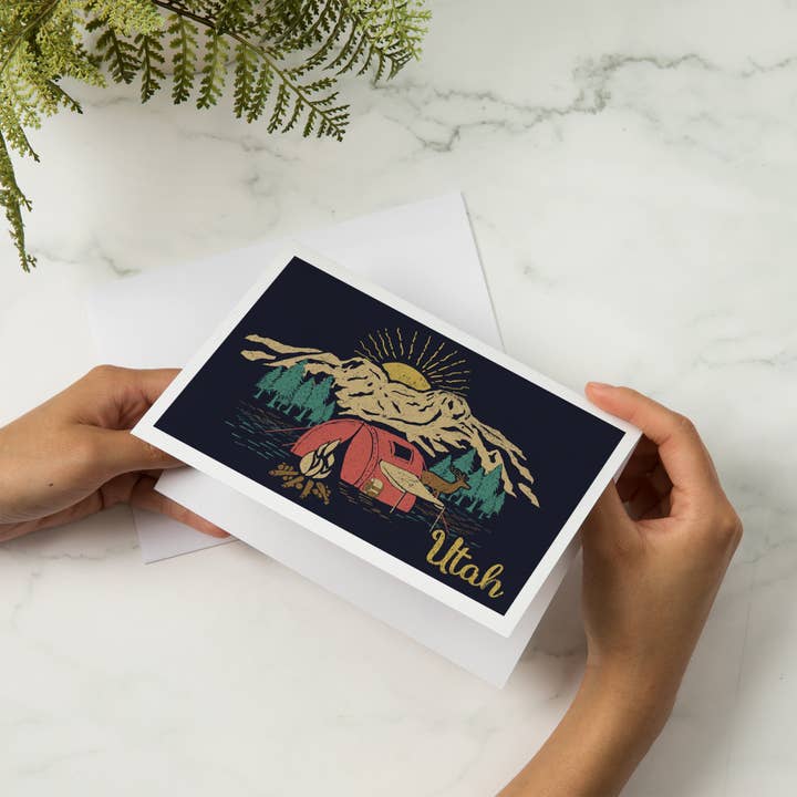 Lantern Press - Wholesale Everyday Greeting Card - GREETING CARD Utah, Camping Scene, Snowy Mountains5