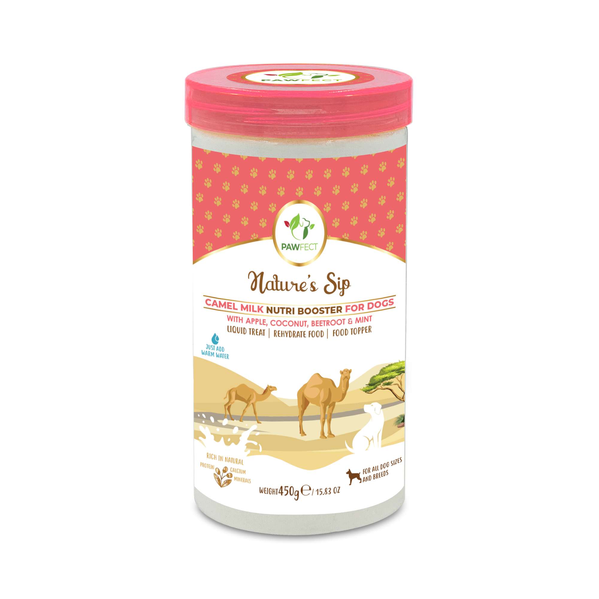 Pawfect Foods – wholesale Pet supplement – Dog – Pawfect Nature's Sip Camel Milk Powder with Apple, Coconut, Beetroot & Mint for dogs | Easily Digestible| Pre & Probiotics| Healthy Topper| Low Glycemic| Hydration Support1