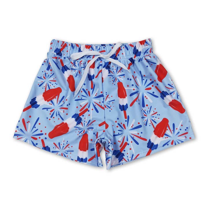 Yawoo Garments - Wholesale Swim Shorts - Kids - Blue firework popsicle boys 4th of july swim trunks