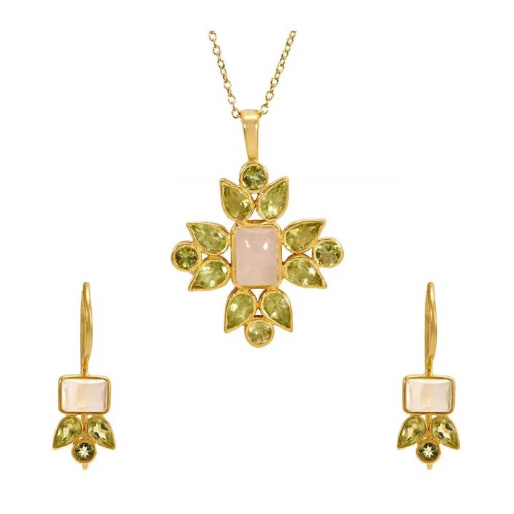 Ensemble pendentif en argent sterling 925 orné de péridot, de quartz rose et de tourmaline verte avec chaîne et boucles d'oreilles pour la vente par DIAJEWELS USA LLC