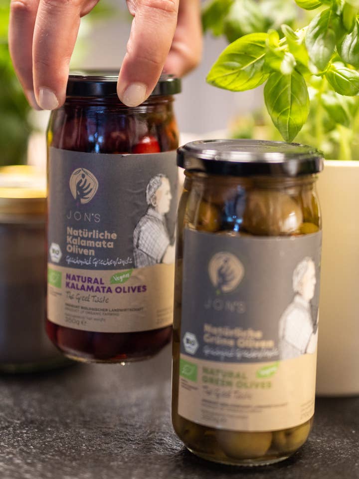 Kalamata Organic Olives in Brine – 350/e220g GR-BIO-03 for wholesale by JON'S OILIVE