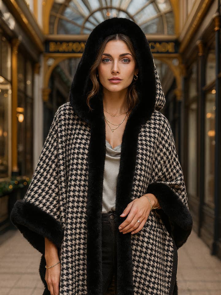 Cape noire et blanche à capuche avec bordure en fourrure 185 pour la vente par LTX Sportswear