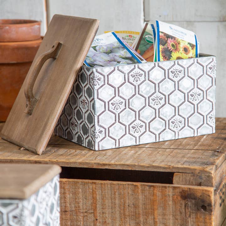 Pollinator Garden Storage, Metal, Embossed Box with Wooden L for wholesale by Evergreen Enterprises