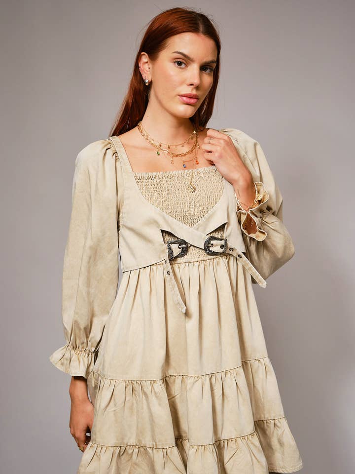 WASHED TAUPE 37132D - Puff Sleeve Buckle Smocked Mini Dress for wholesale on Faire2