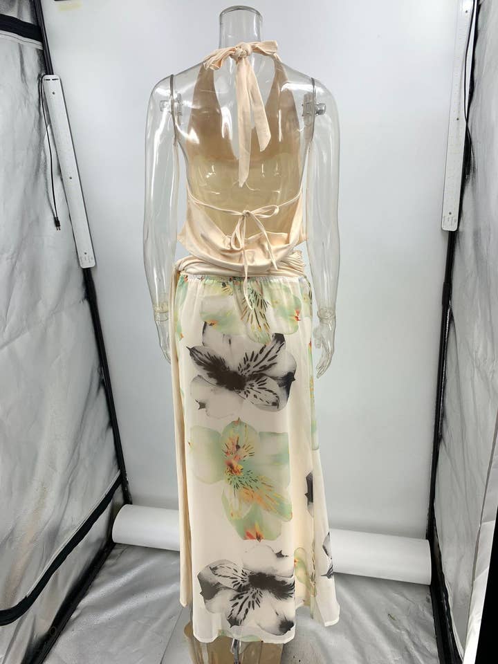 Aprikosen Rückenfreies Neckholder-Top & Bedruckter Bodycon-Rock-Set JRM132 für den Großhandel auf Faire3