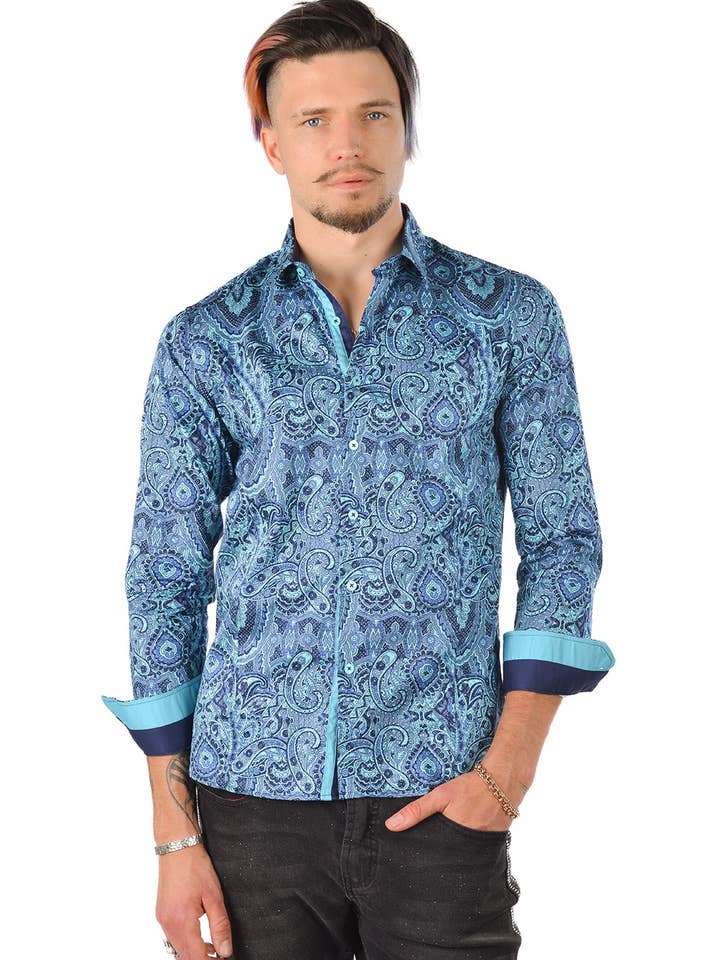 Green Printed paisley button down El chapo Shirt 4501 for wholesale on Faire