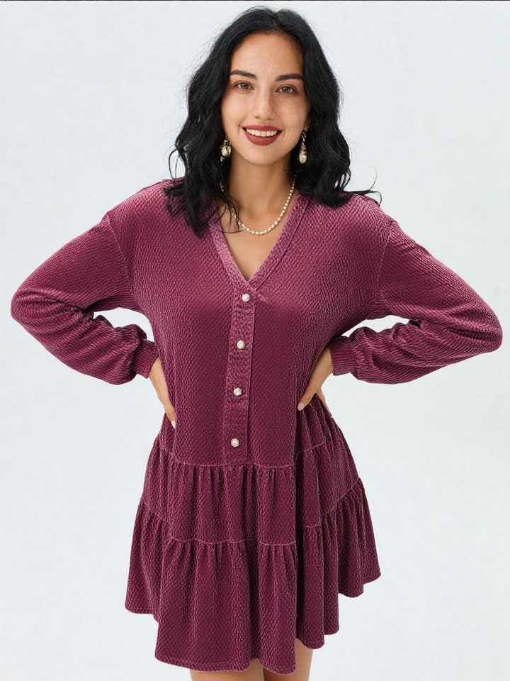 ND31003-lags tekstureret vævet ferie fløjl minikjole for engroshandel hos VERY J