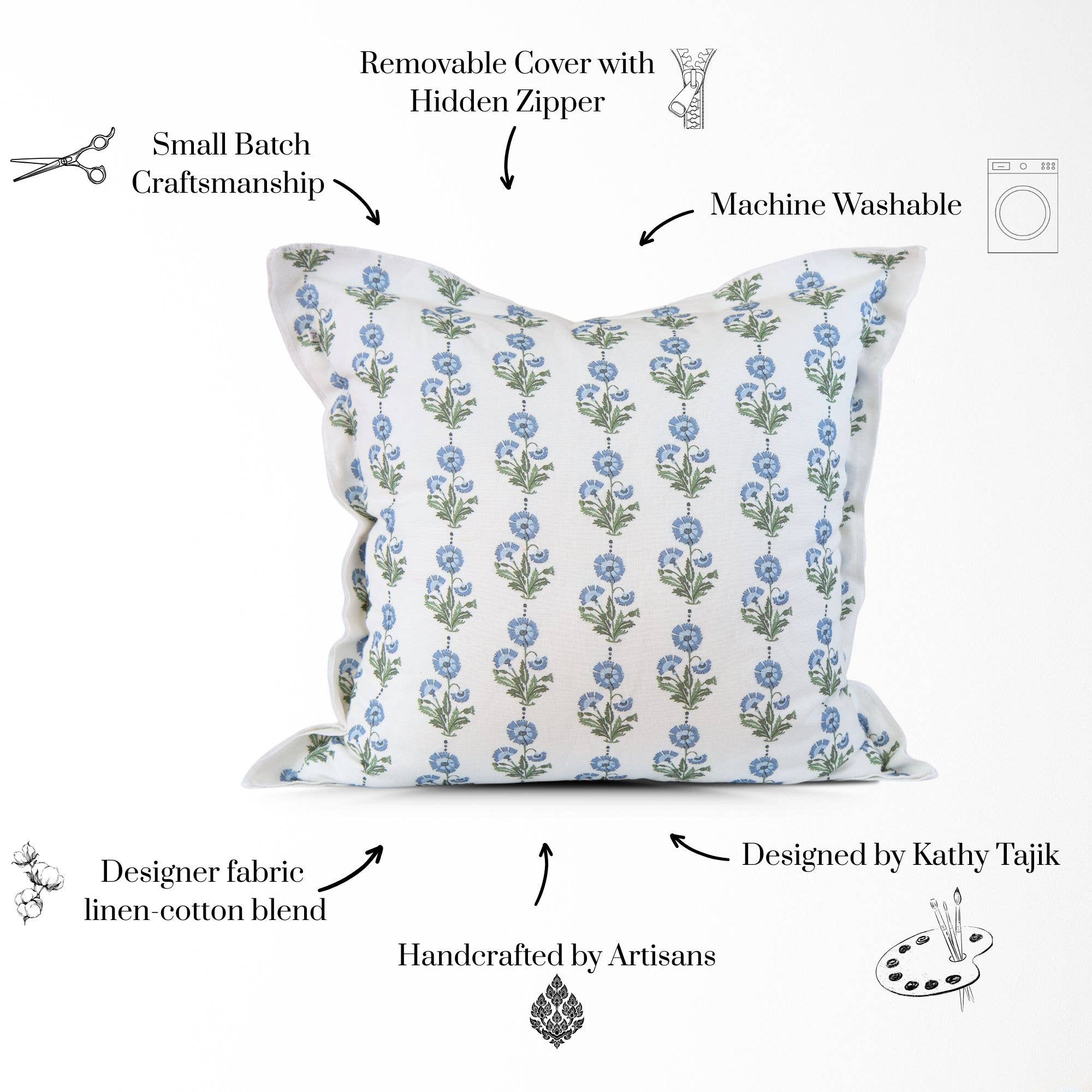 Tajik  Home  LLC - Wholesale Throw Pillow Cover - Amalthea Blue Linen Block Print Square Pillow Cover4