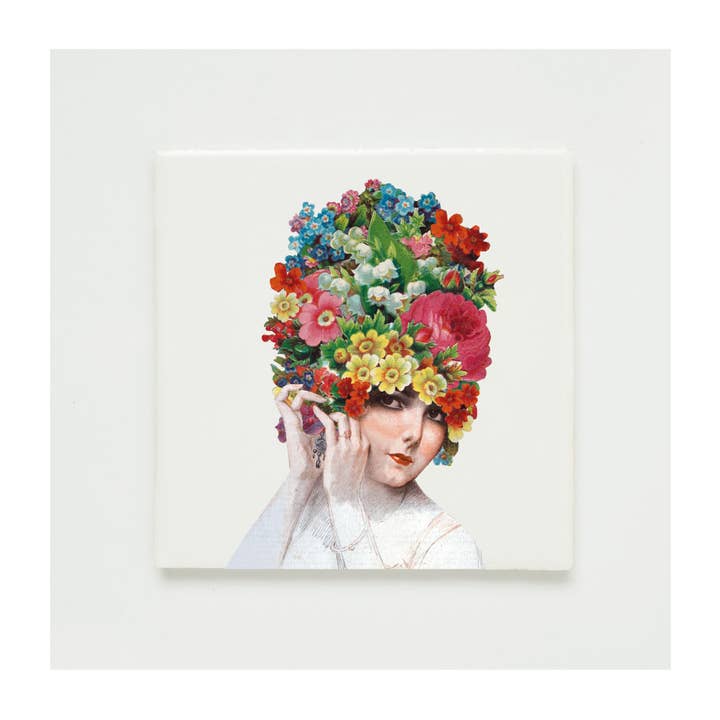 Wall tile collage little lady with colored flower head for wholesale by Lylies