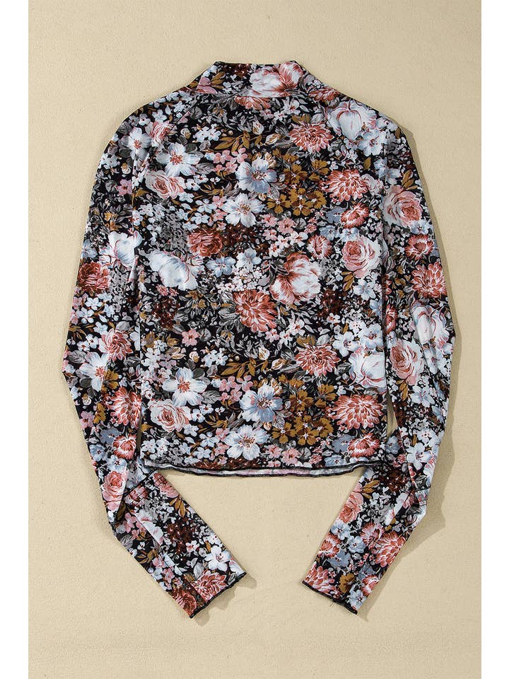 Brown Floral Mesh Long Sleeve Blouse for wholesale on Faire