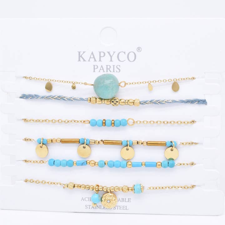 Conjunto de 6 pulseiras de aço dourado com pedras naturais - BR110191OR-BL por atacado de Kapyco