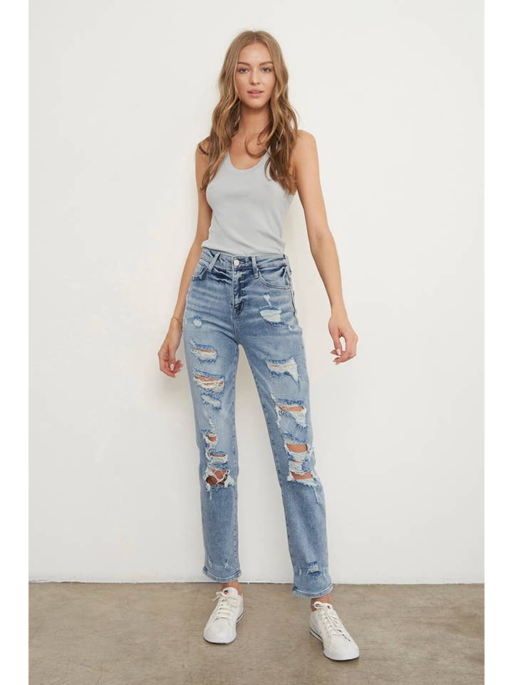 Insane Gene USA - Vendita all'ingrosso Jeans - Donna - Jeans alla caviglia girlfriend a vita media strappati - Lavaggio chiaro