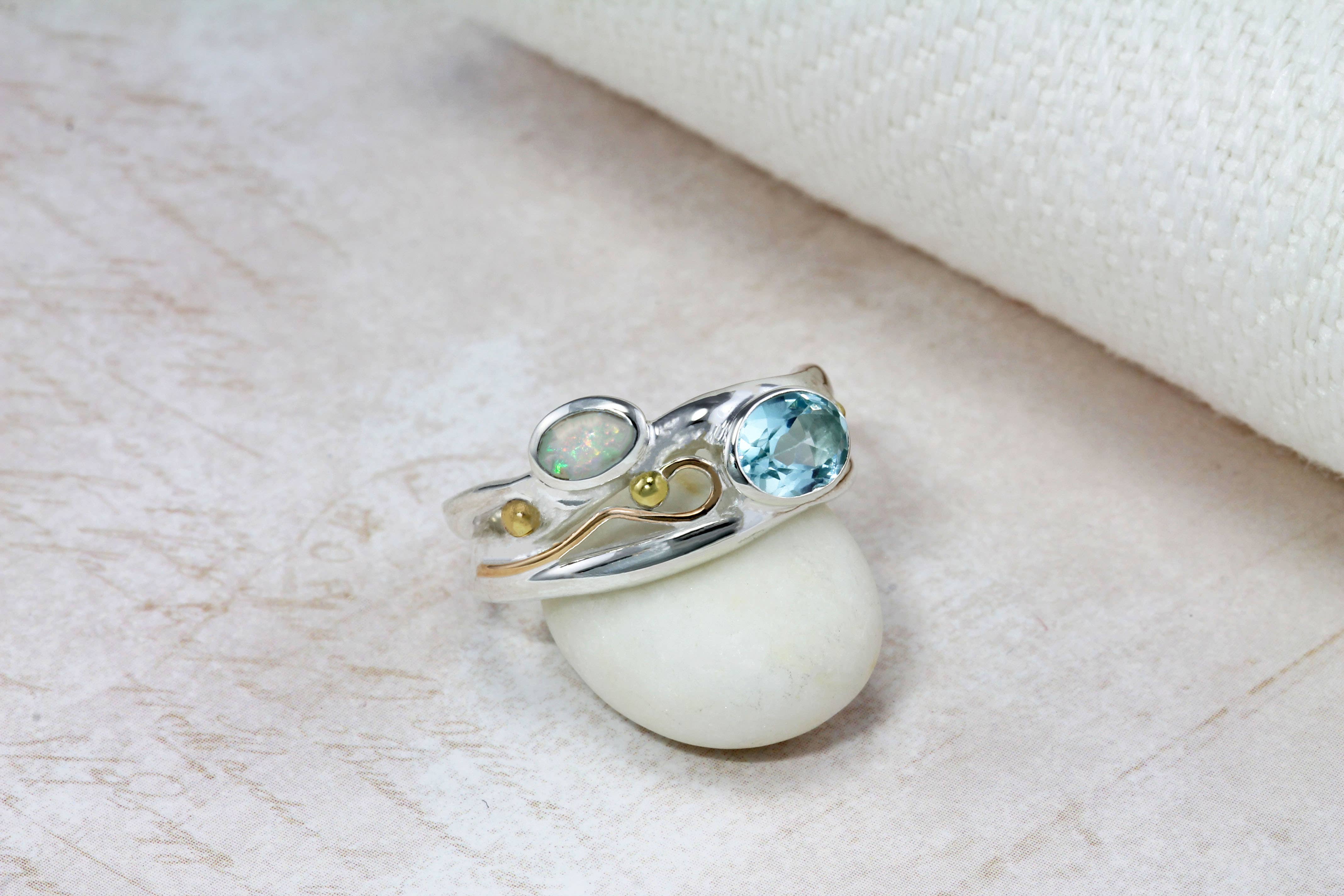 Banyan Jewellery - Wholesale Multi-Stone Ring - Handmade Blue Topaz & Opal Sterling Silver Ring 5