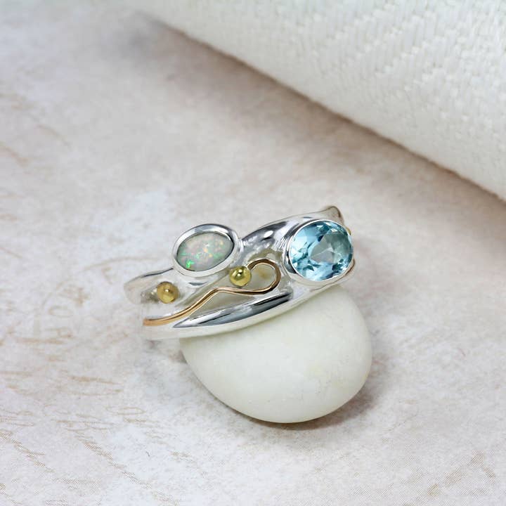 Banyan Jewellery - Wholesale Multi-Stone Ring - Handmade Blue Topaz & Opal Sterling Silver Ring 5