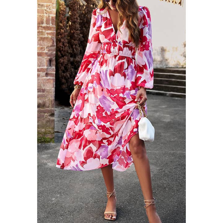 Supreme Fashion - Wholesale Dress - Women's - Boho V Neck A Line High Waist Long Sleeve Dress4