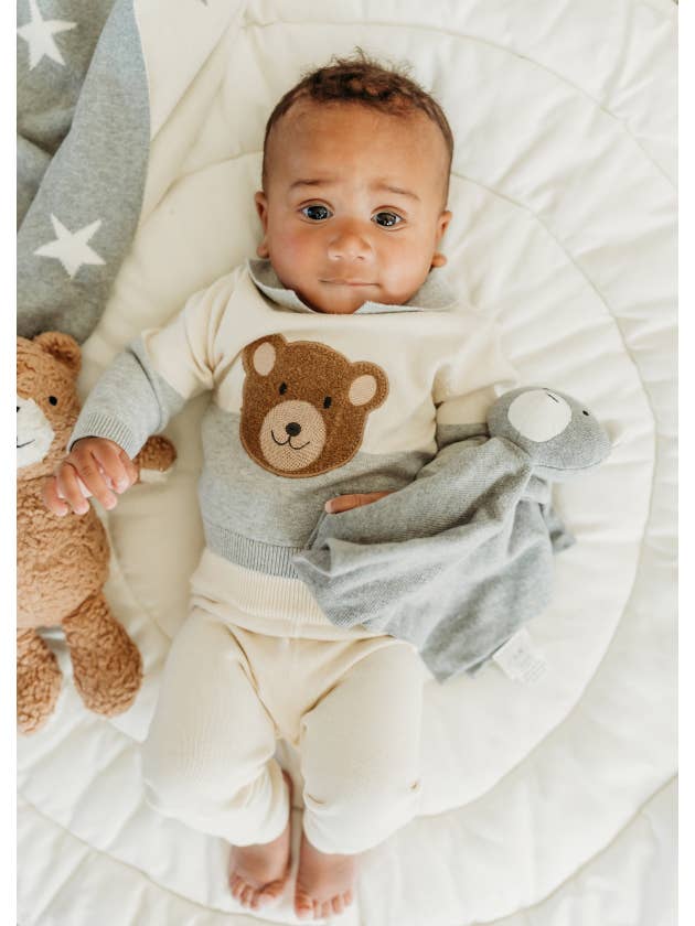 Heather Grey Cuddly Bear Applique Sweater Knit Collar Baby Pullover for wholesale on Faire6