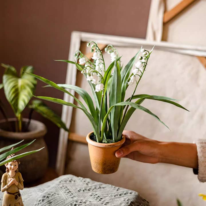 Rustic Reach - Wholesale Artificial Flowers - Faux Lily of the Valley in Brown Pot