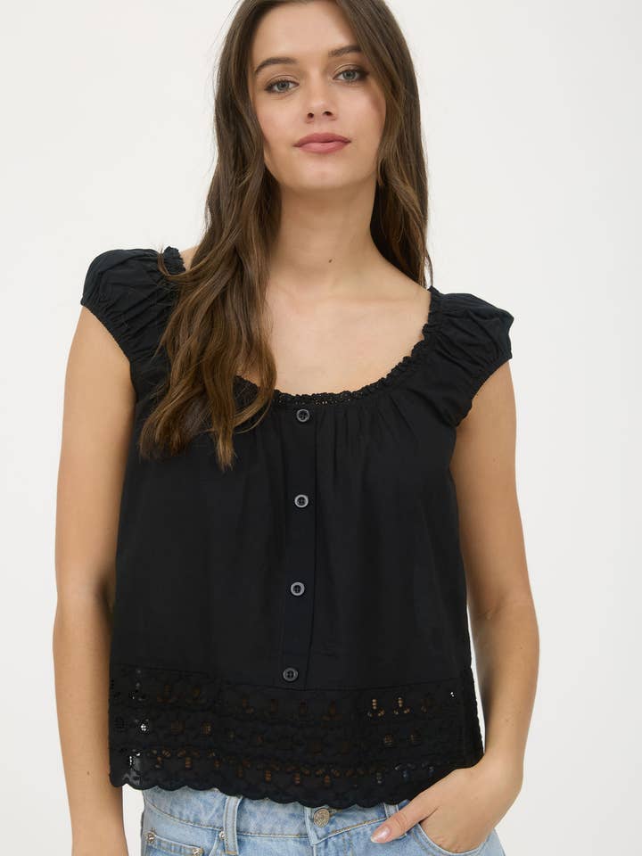 Blu Pepper - Wholesale Blouse - Women's - EYELET LACE TRIM SHORT SLEEVE BUTTON DOWN BLOUSE