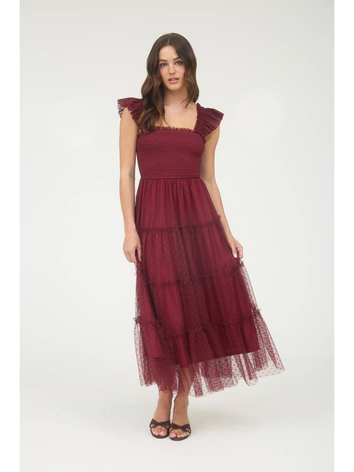 MINE - Vente Robe – femme - ROBE MIDI À VOLANTS FUMÉE EN CHIFFON À POIS