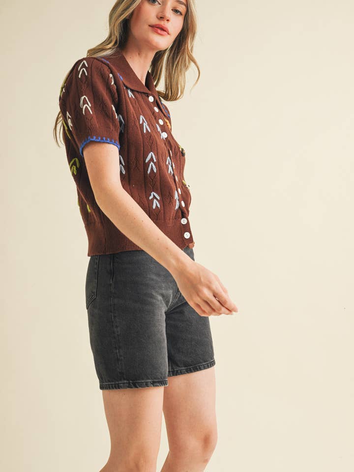 &MERCI - Wholesale Knit Sweater - Women's - HAND EMBROIDERED SHORT SLV BUTTON DOWN SWEATER MSW1095317
