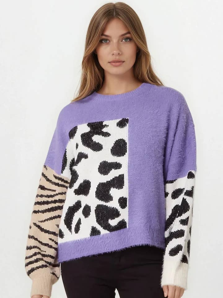 Purple Mixed Animal Pattern Knit Jumper for wholesale by Aftershock London