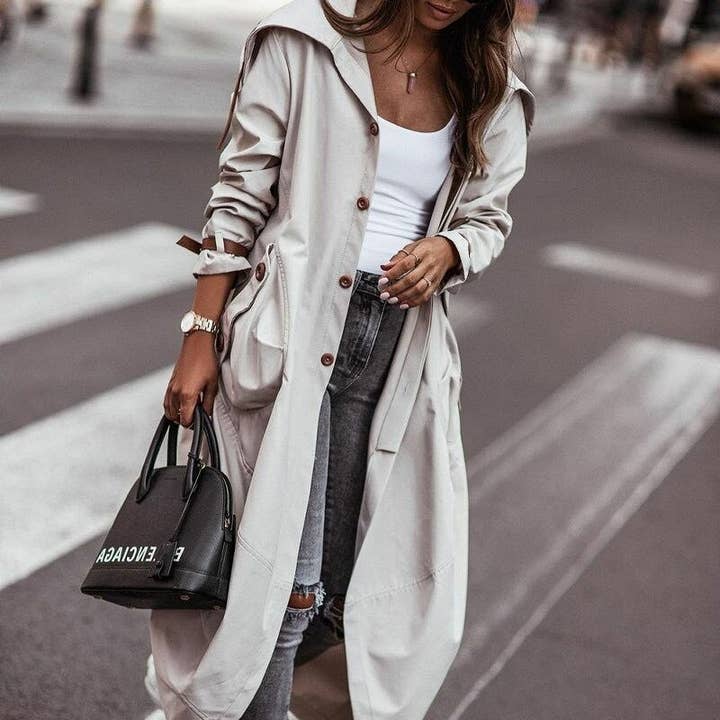 Ensfarvet Casual Stor Revers Mellemlang Trenchcoat for engroshandel hos Ekartini