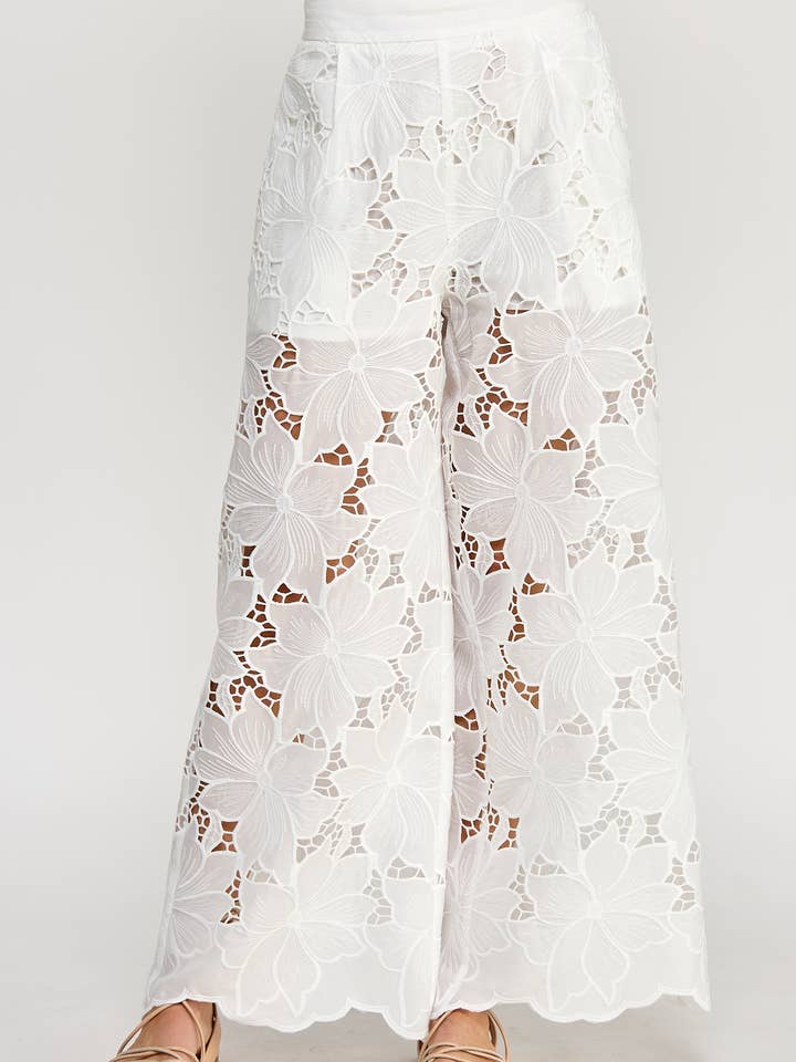 Ellison - Wholesale Pants - Women's - TP-10274-6 FLORAL LACE WIDE-LEG PANTS OFF WHITE