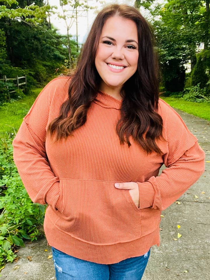 Cozy Days Rust Mineral Wash Rib Knit Hoodie (Open Pack) for wholesale by Promenade