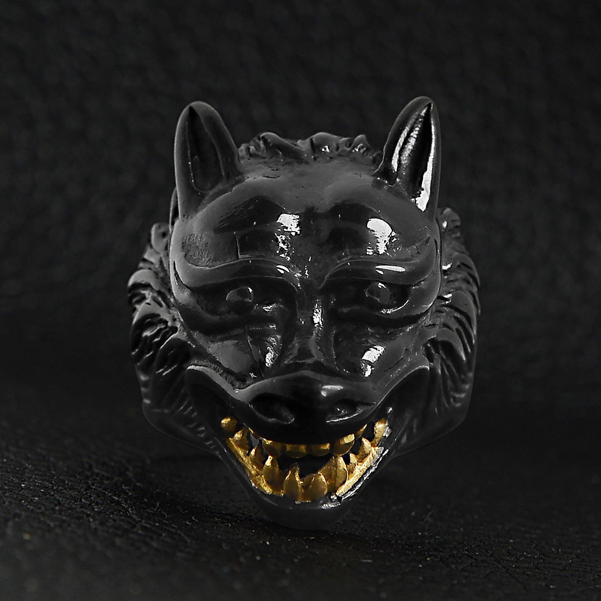 WJW - Wholesale Cocktail/Statement Ring - Stainless Steel Black Wolf With 18K Gold PVD Coated Teeth Ring3