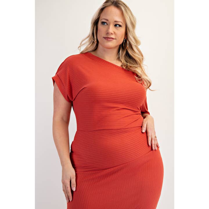PLUS SIZE RIBBED KNIT OFF SHOULDER KNIT MIDI DRESS for wholesale by The Curve LA