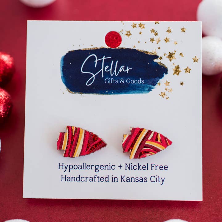 Stellar Gifts & Goods Wholesale - Wholesale Stud/Post Earrings - KC Football - Glitter Swirl Arrowhead Studs Red & Gold0