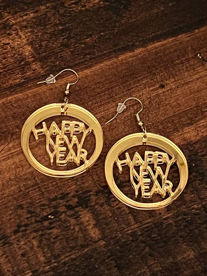 pendenti dorati a specchio Happy New Year per la vendita all'ingrosso da parte di Suchfungoods