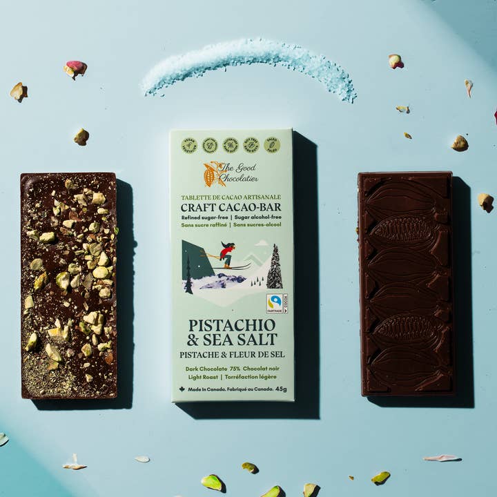 The GOOD Chocolatier – Großhandel Schokoriegel – CASE Pistazien und Meersalz 75%2