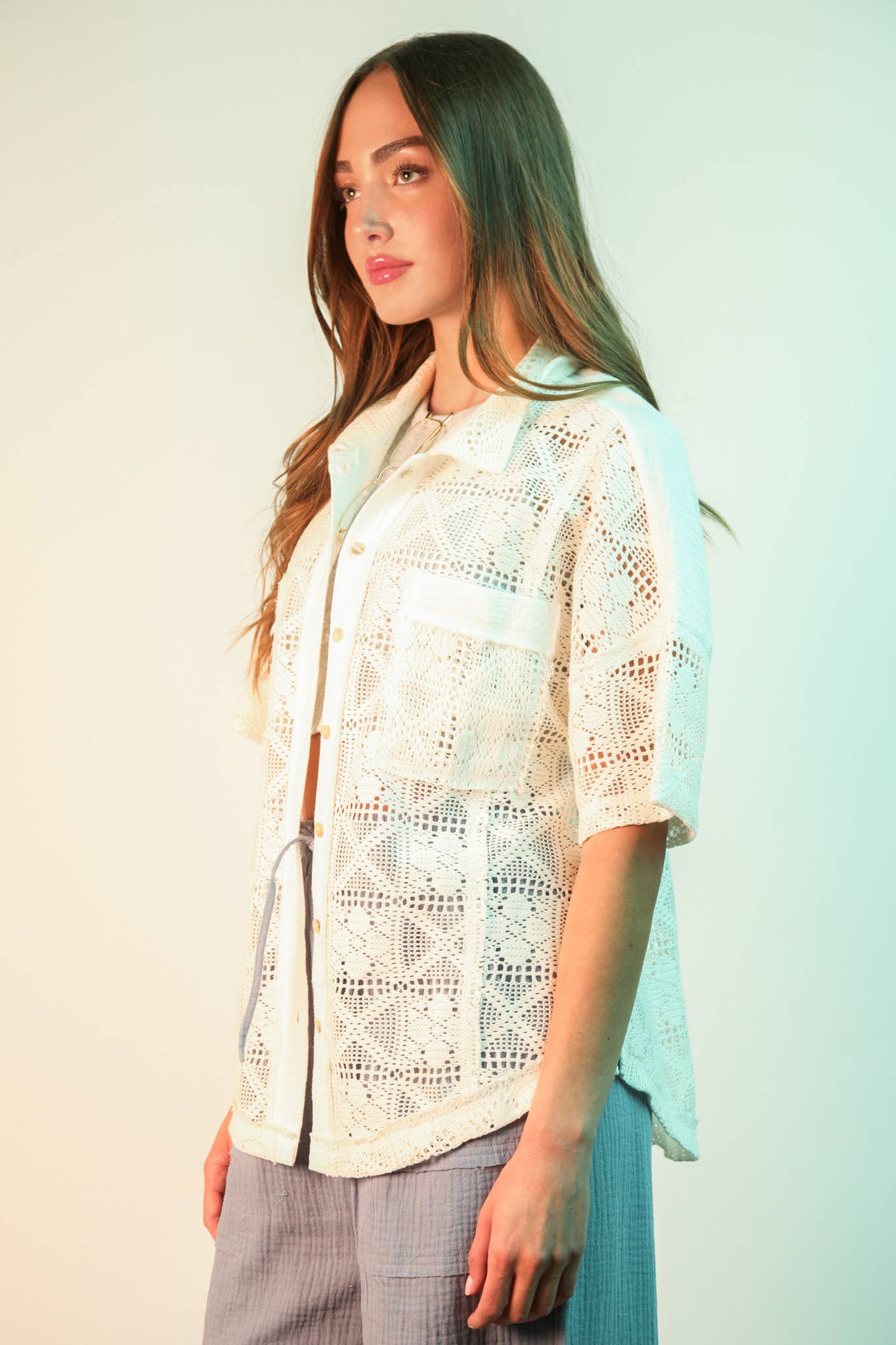 VERY J - Wholesale Jacket - Women's - NT12083-Oversized Crochet Button Down Shirt Top20