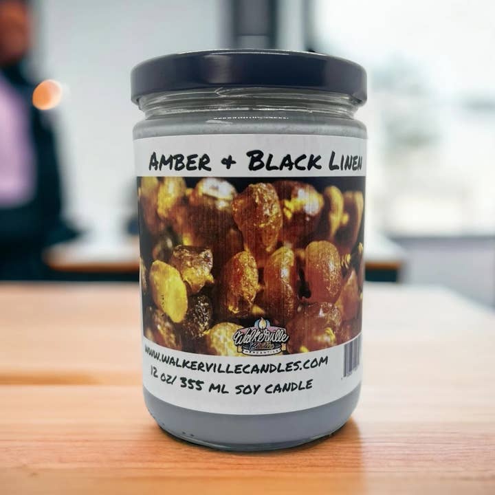 Amber & Black Linen Eco-friendly 12 oz Coconut Soy Candle for wholesale by Walkerville Candles
