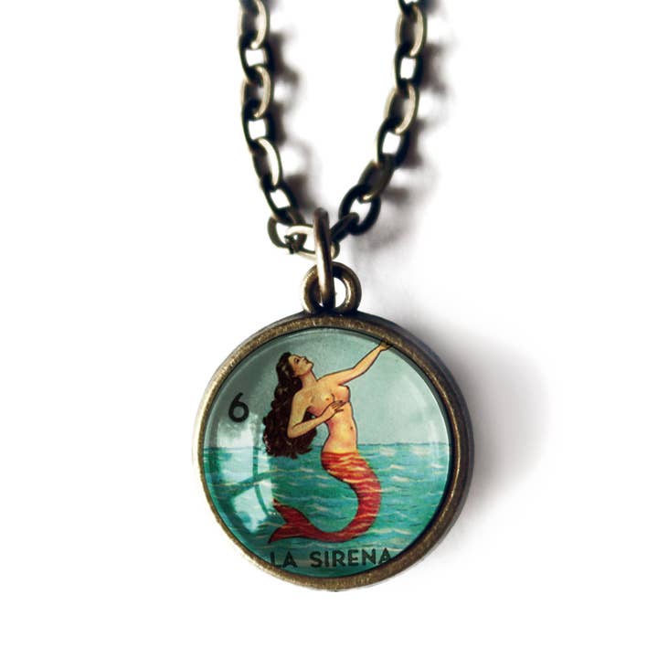 The Divine Iguana - Venta al por mayor Collares con colgantes/abalorios - Collar con colgante de sirena de Lotería, simple y reversible, de La Sirena