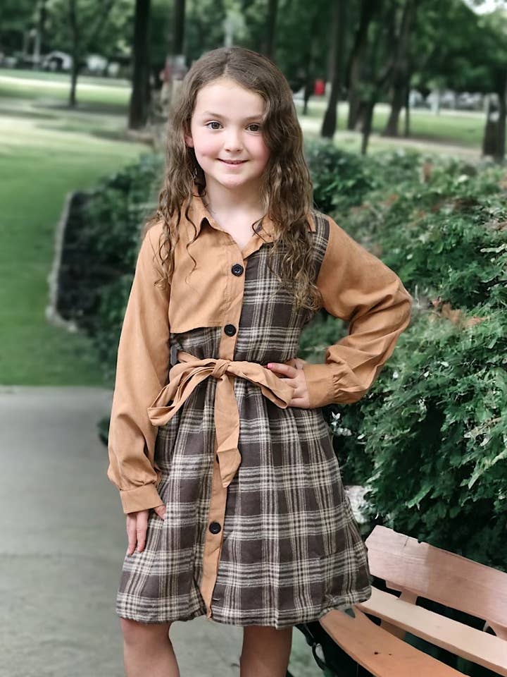 BROWN & KHAKI PLAID PRINTED DRESS. DRG65113091-JEANN for wholesale by Kids Charm Online