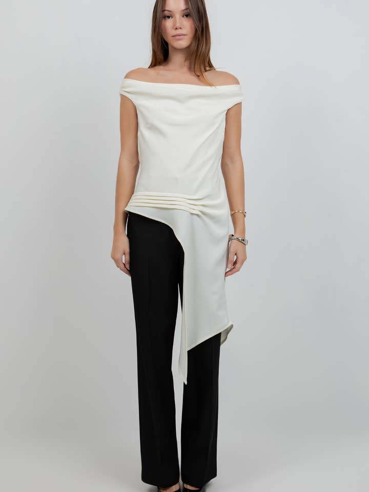 SOFT WOVEN ASYMMETRICAL SLEEVELESS TOP W PLEAT DETAILS for wholesale by Whiteroom+Cactus
