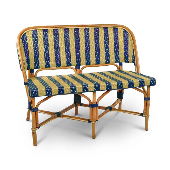 Valence French Bistro Rattan Banquette/Bench, Small - Arrows with Stripes - Navy Blue/Gold for wholesale by BONNECAZE