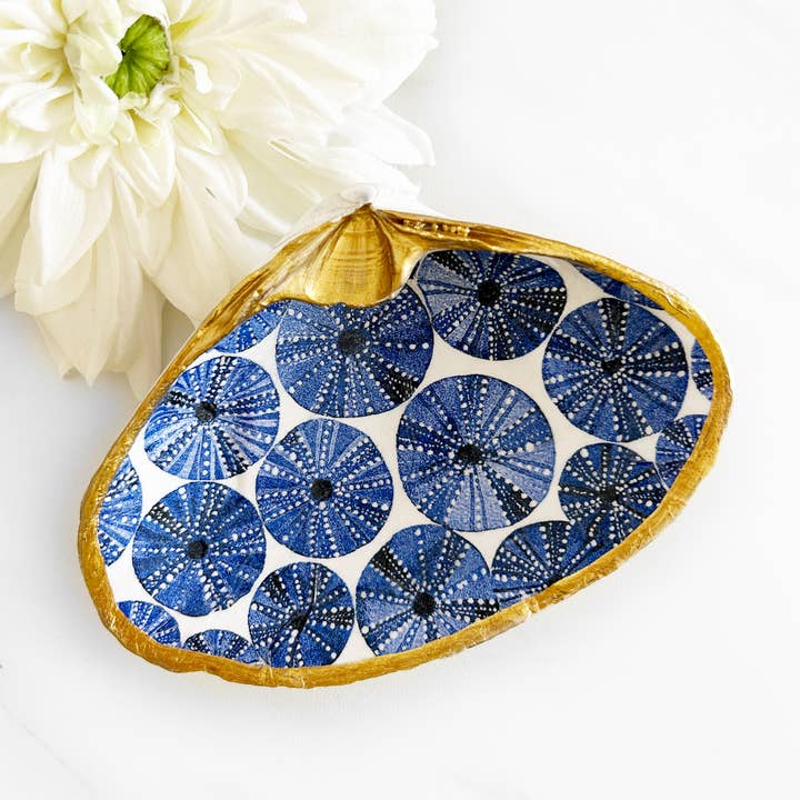 Blue Sea Urchin Decoupage Clam Shell Trinket Dish for wholesale by Adori Designs