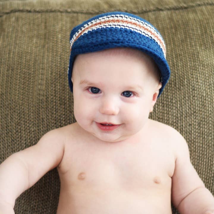 Navy with Visor Crocheted Handmade Heirloom Baby Gift Hat for wholesale by The Daisy Baby LLC
